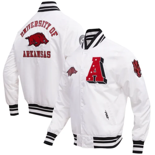 Arkansas Razorbacks Classic White Full-Snap Satin Varsity Jacket - Image 3