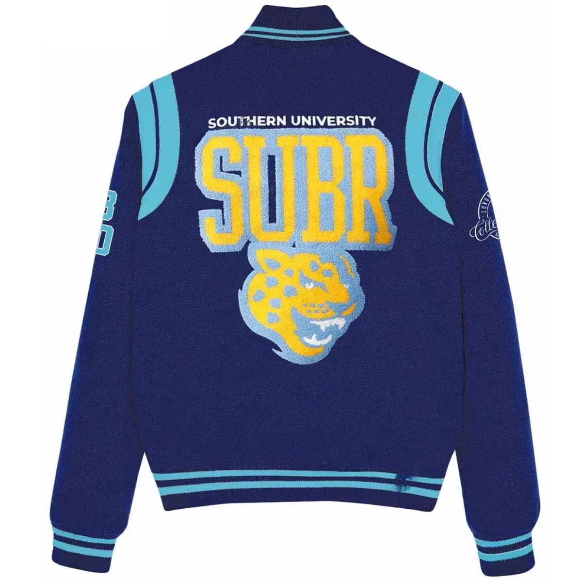 Southern Jaguars Collegiate Luxe Navy Wool Bomber Varsity Jacket - Image 2