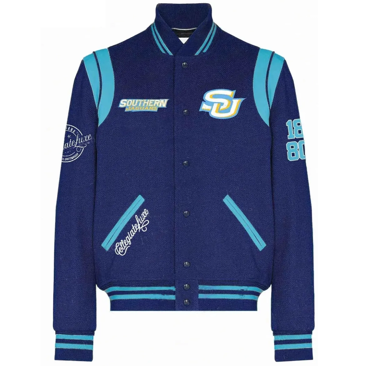 Southern Jaguars Collegiate Luxe Navy Wool Bomber Varsity Jacket