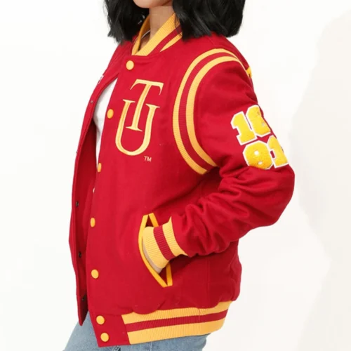 Tuskegee Golden Tigers Classic Rib Striped Wool Bomber Varsity Red Jacket - Image 3