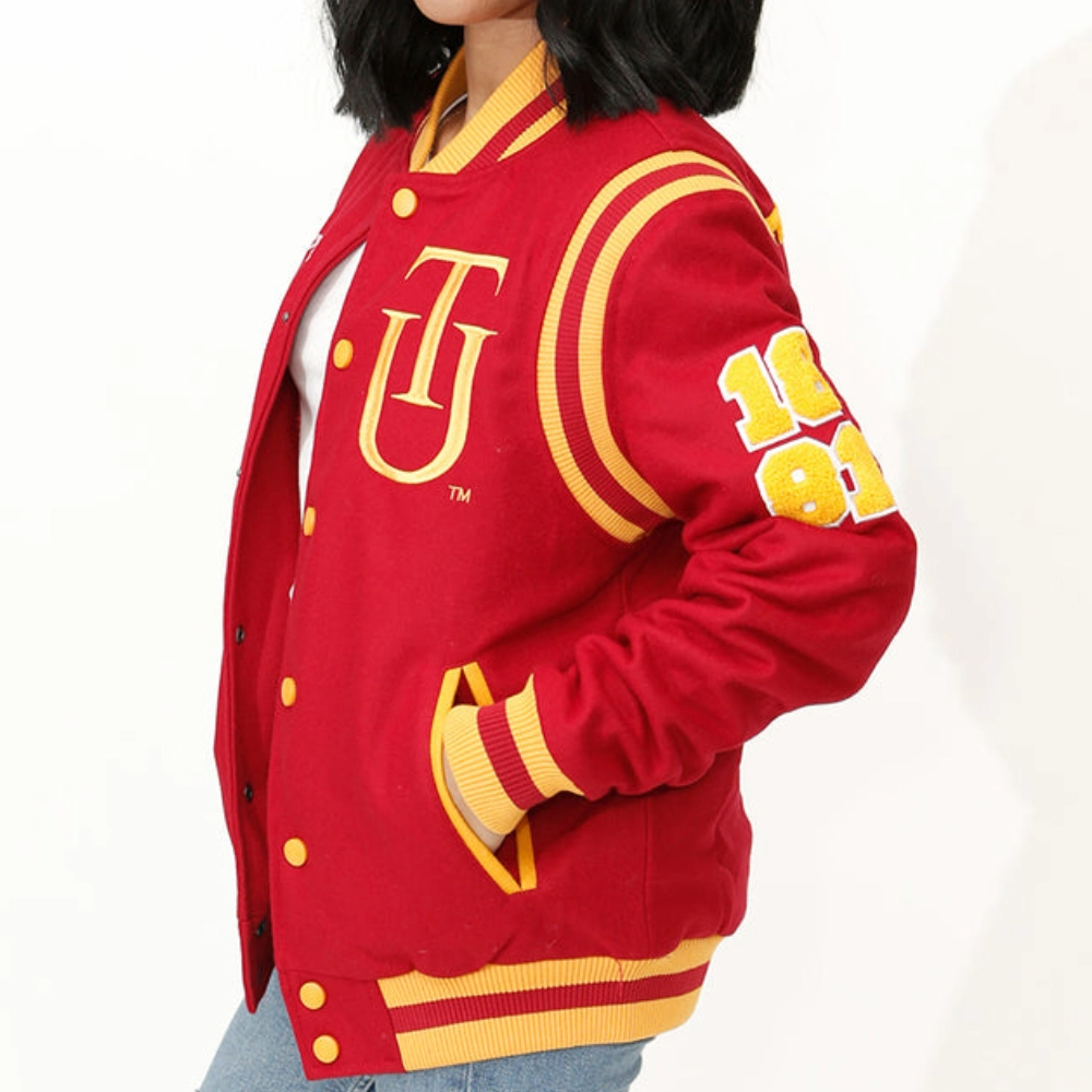 Tuskegee Golden Tigers Classic Rib Striped Wool Bomber Varsity Red Jacket - Image 3