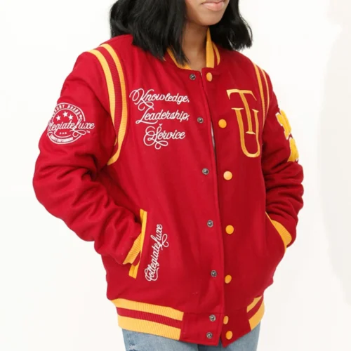 Alternative view of Tuskegee Golden Tigers Classic Rib Striped Wool Bomber Varsity Red Jacket