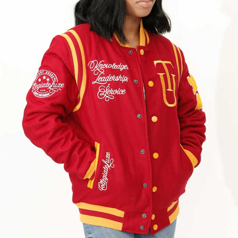 Tuskegee Golden Tigers Classic Rib Striped Wool Bomber Varsity Red Jacket - Image 2