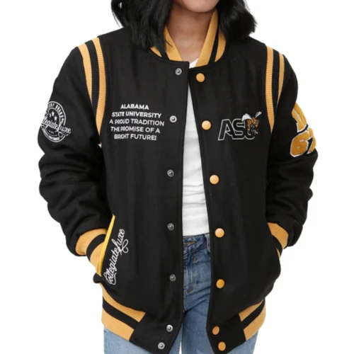 Alabama Crimson Tide Collegiate Luxe Wool Bomber Varsity Black Jacket