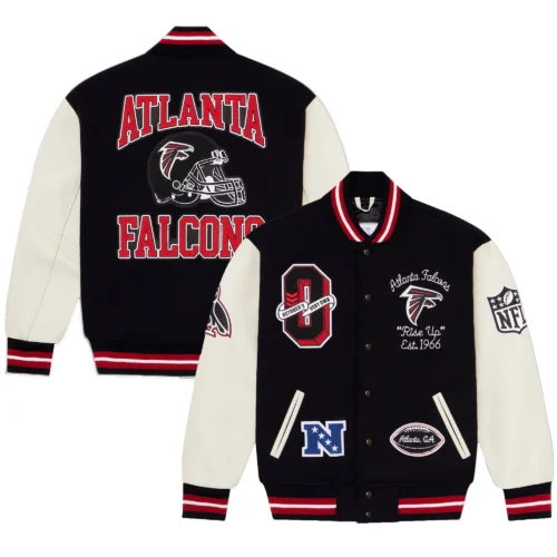 Atlanta Falcons Full-Snap Wool & Leather Black/White Varsity Jacket - Image 7