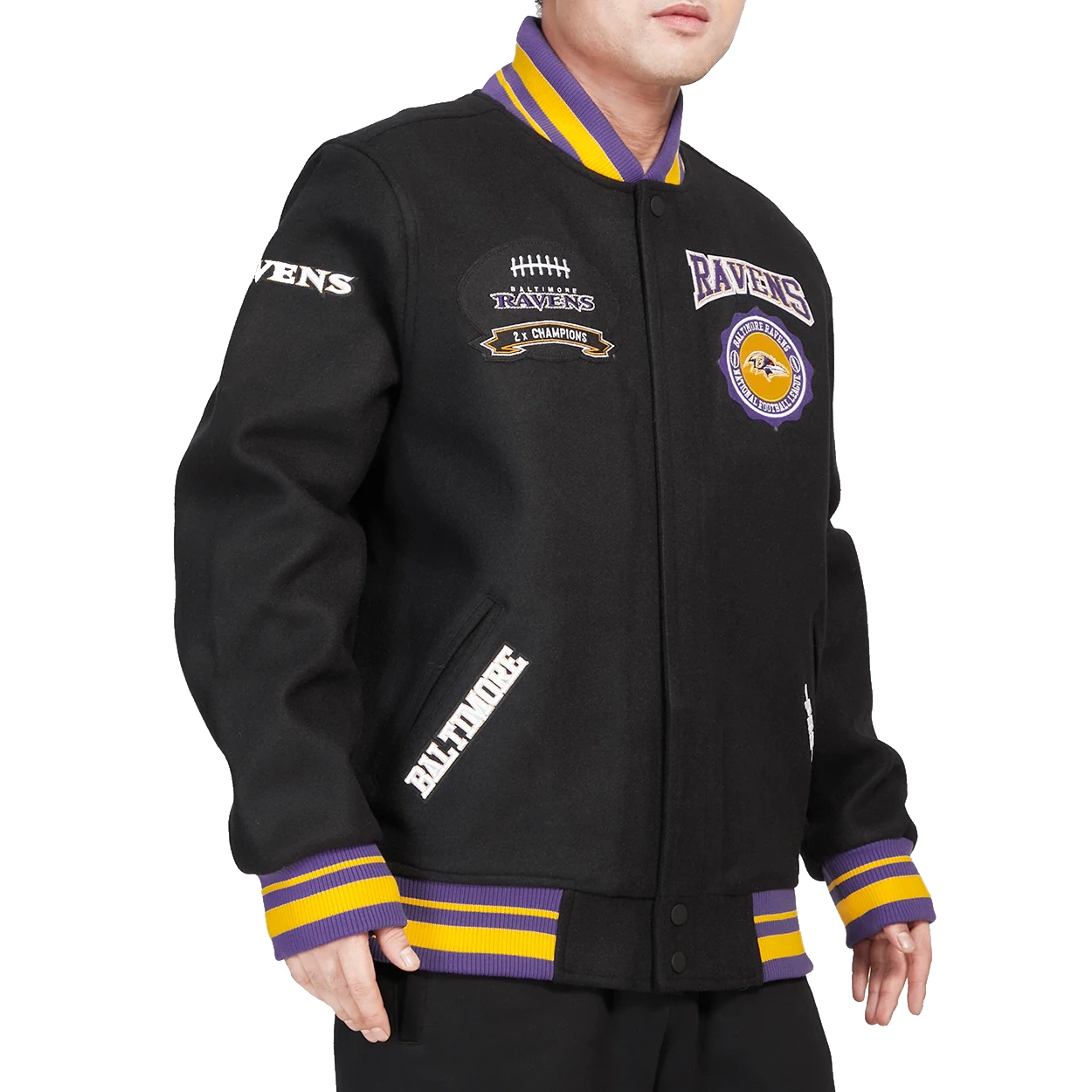 Baltimore Ravens Crest Emblem Black Wool Varsity Jacket - Image 2