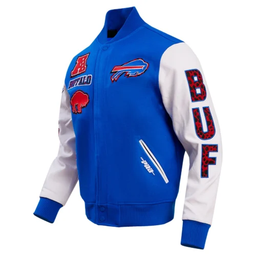 Buffalo Bills Animal Print Wool & Leather Varsity Jacket - Blue/White