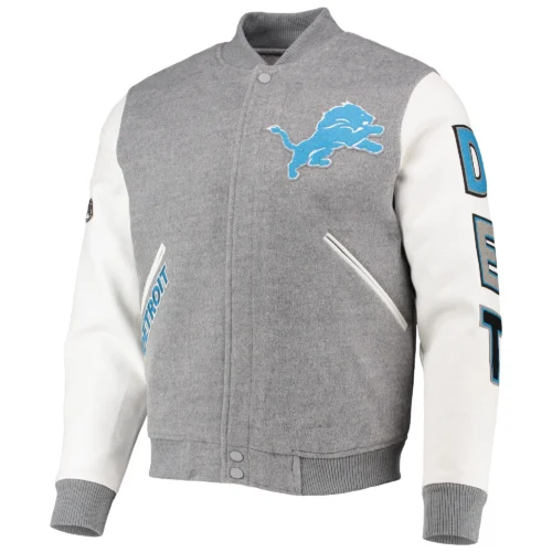 Detroit Lions Classic Wool & Leather Gray/White Varsity Jacket