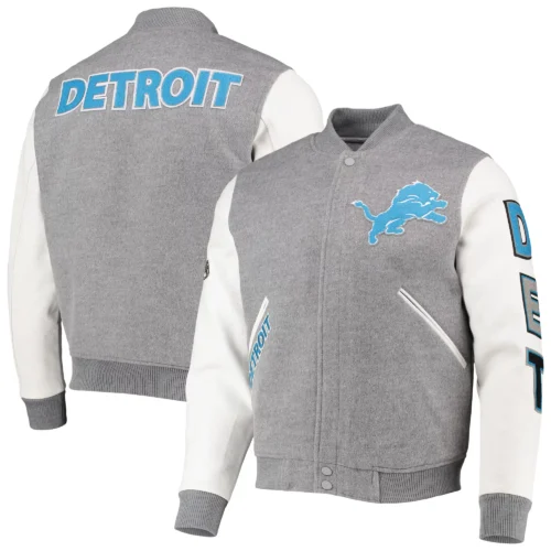 Detroit Lions Classic Wool & Leather Gray/White Varsity Jacket - Image 4