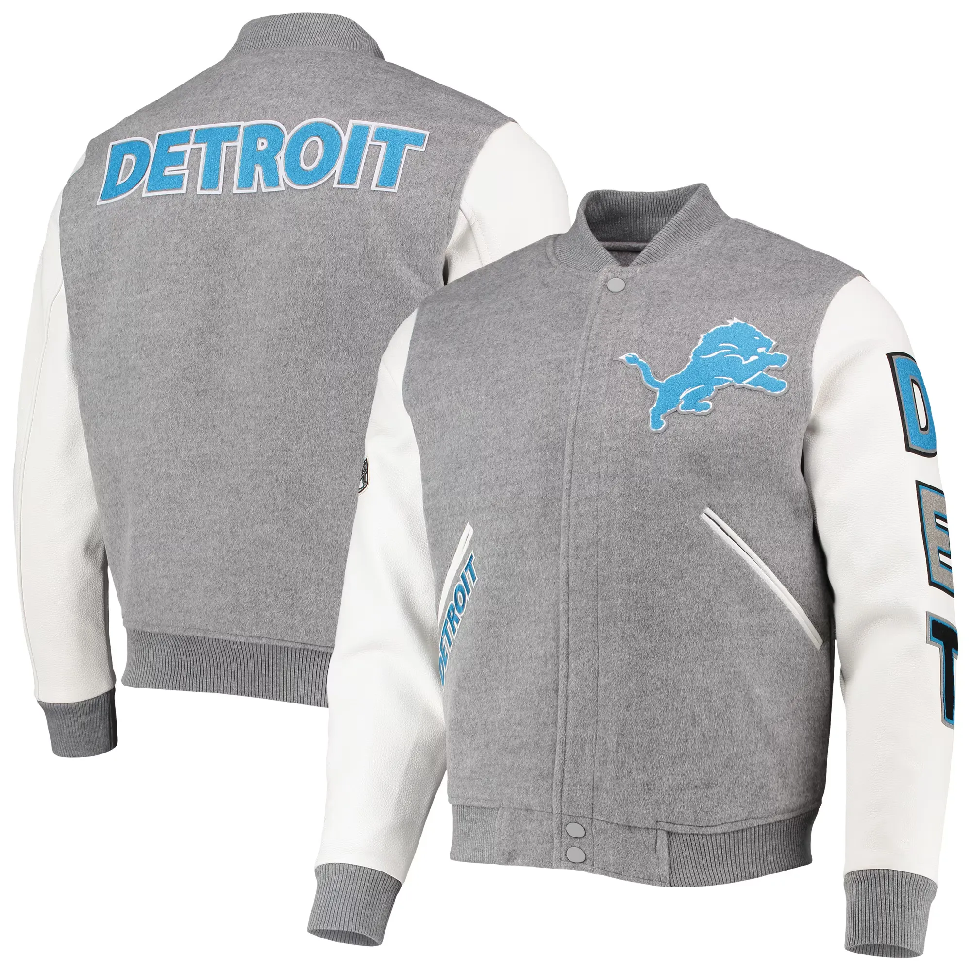 Detroit Lions Classic Wool & Leather Gray/White Varsity Jacket - Image 4