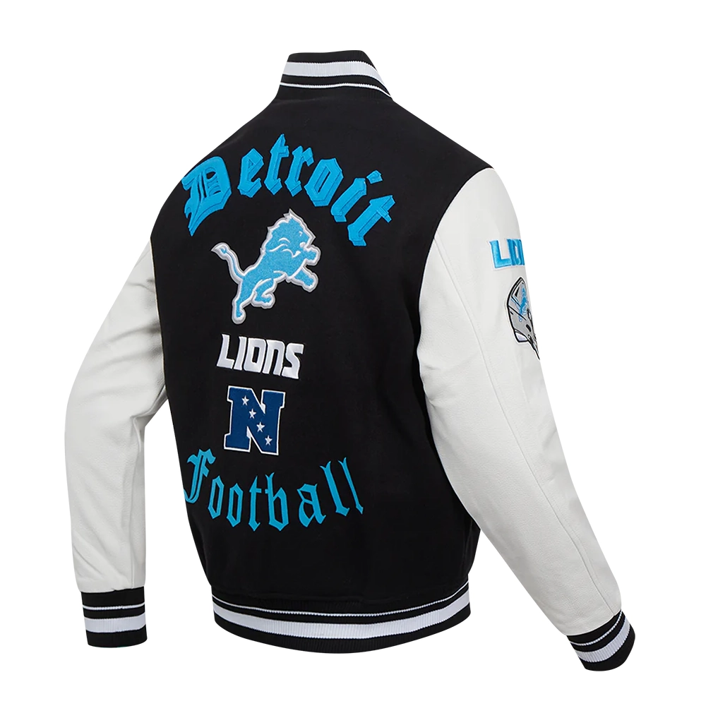 Detroit Lions Old English Wool & Leather Black/White Varsity Jacket - Image 3