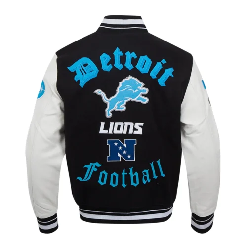 Detroit Lions Old English Wool & Leather Black/White Varsity Jacket - Image 4