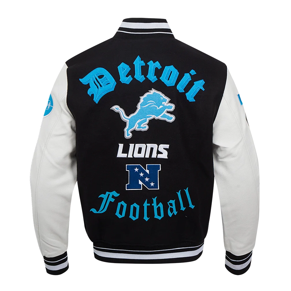 Detroit Lions Old English Wool & Leather Black/White Varsity Jacket - Image 4
