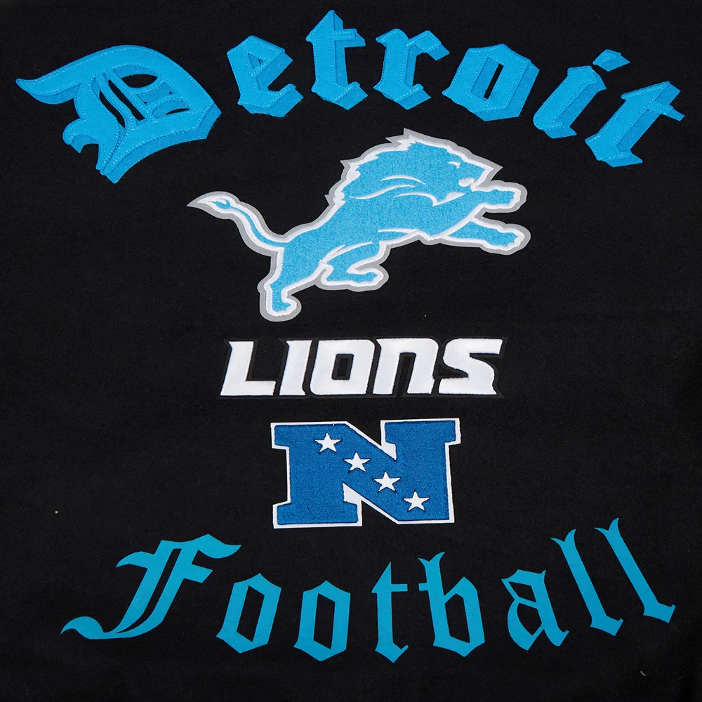 Detroit Lions Old English Wool & Leather Black/White Varsity Jacket - Image 8