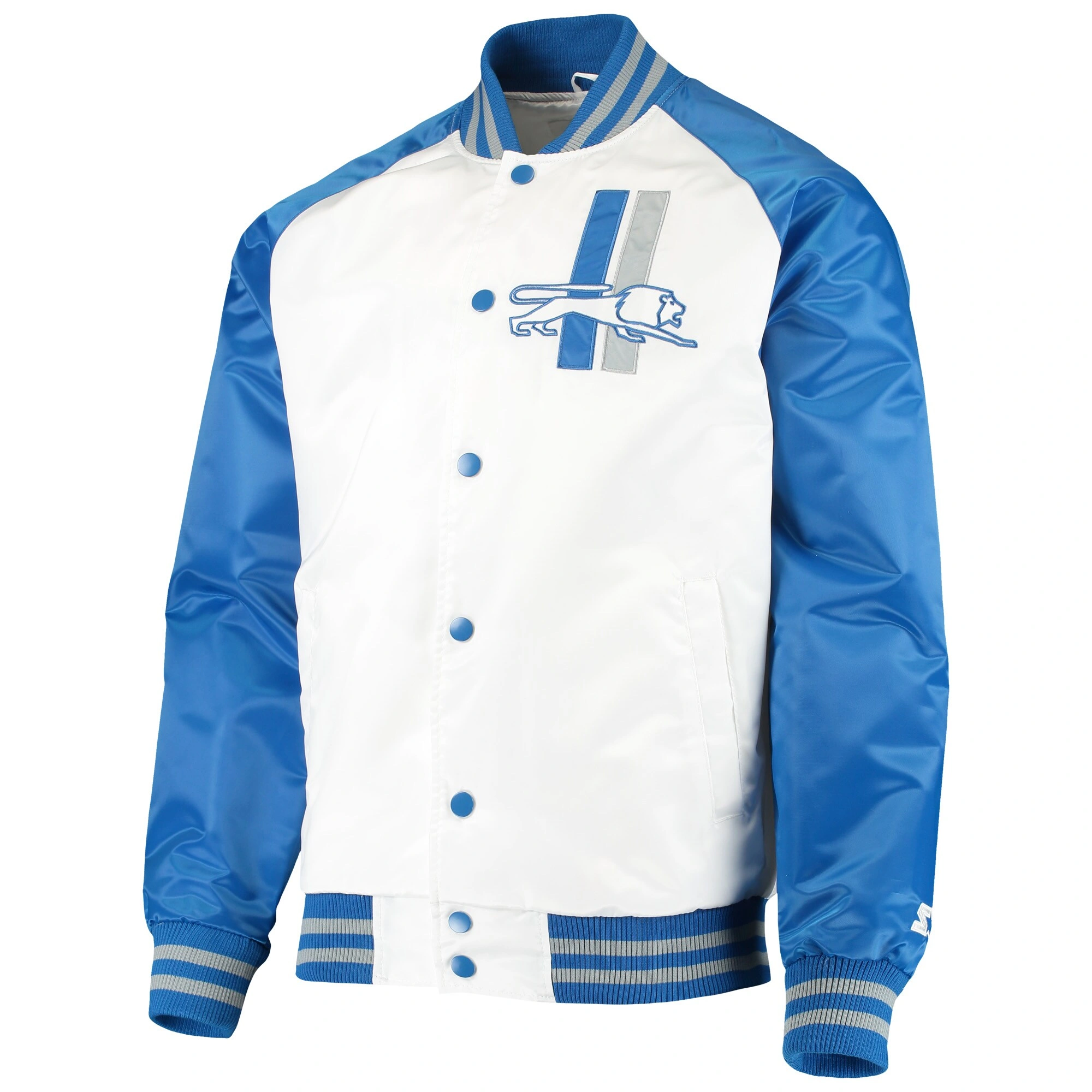 Detroit Lions Clean Up Hitter White/Blue Satin Varsity Jacket