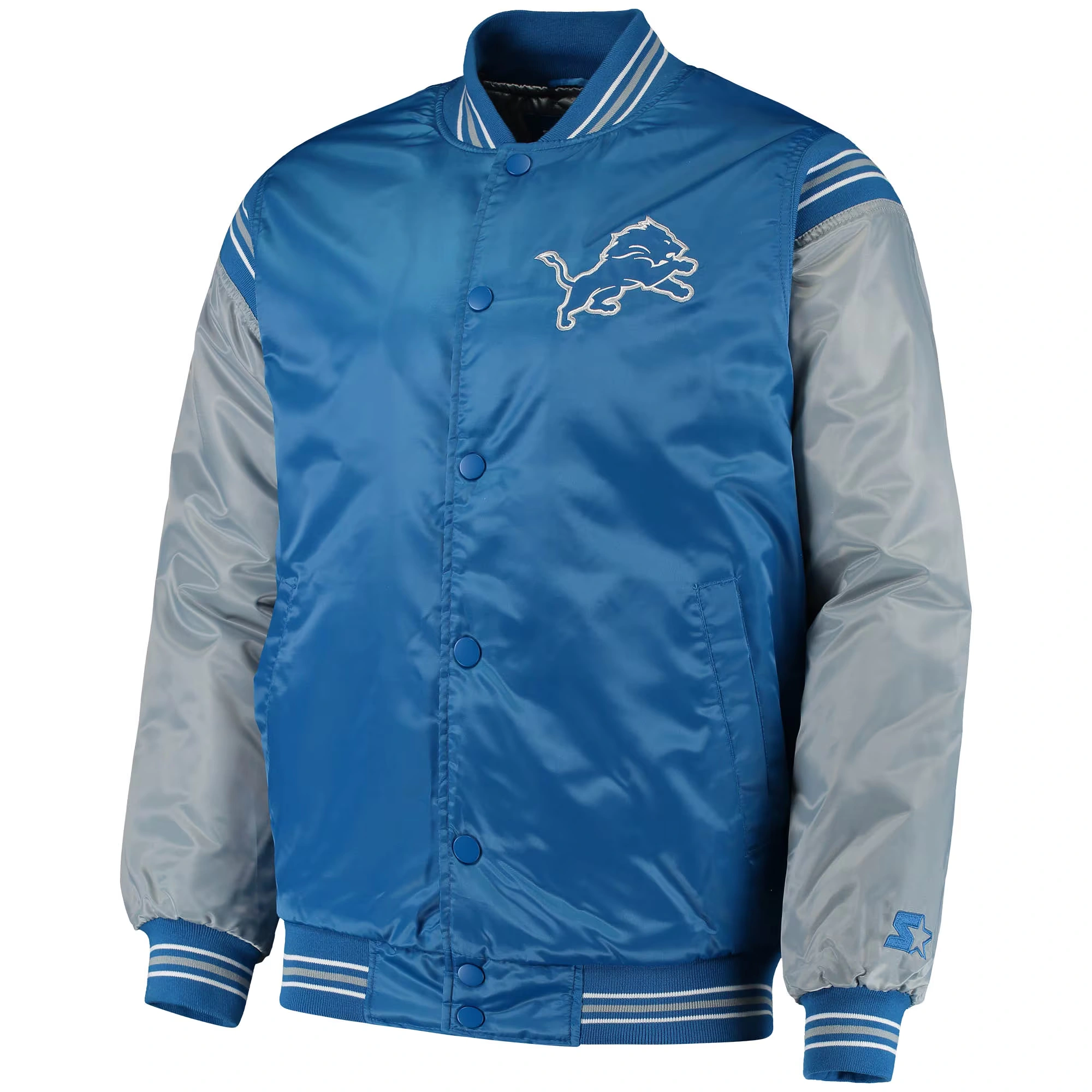Detroit Lions The Enforcer Blue/Gray Satin Varsity Jacket