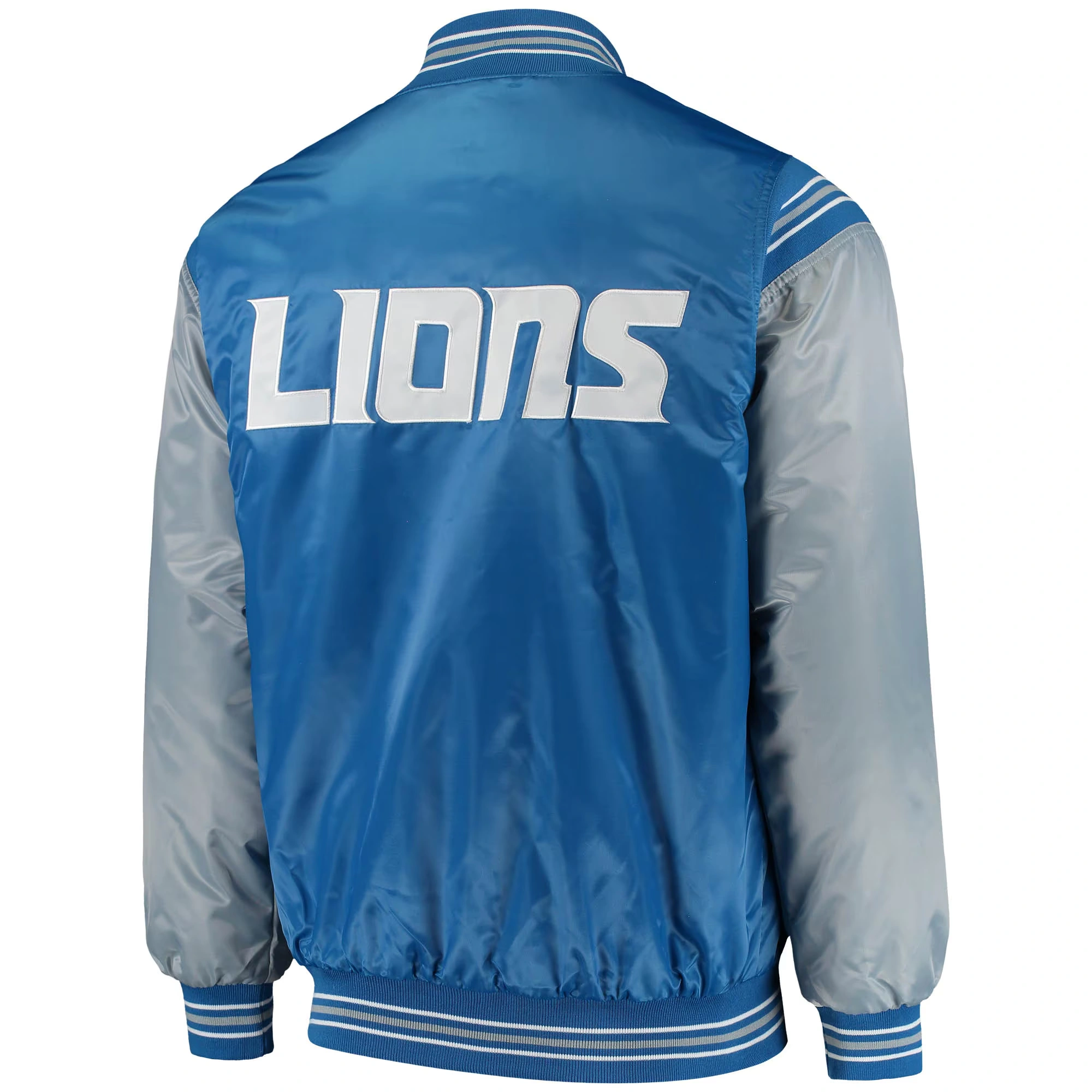 Detroit Lions The Enforcer Blue/Gray Satin Varsity Jacket - Image 2