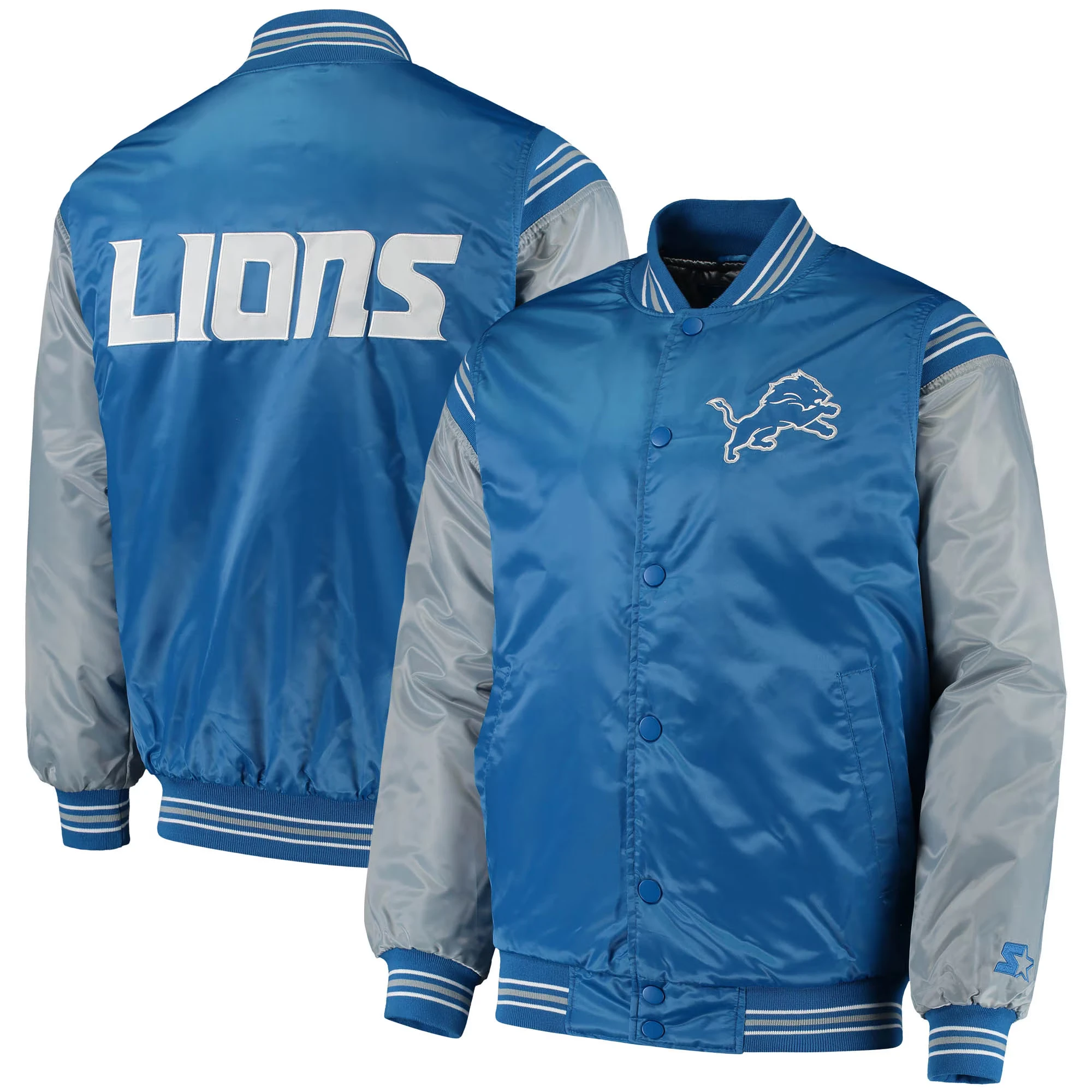 Detroit Lions The Enforcer Blue/Gray Satin Varsity Jacket - Image 4