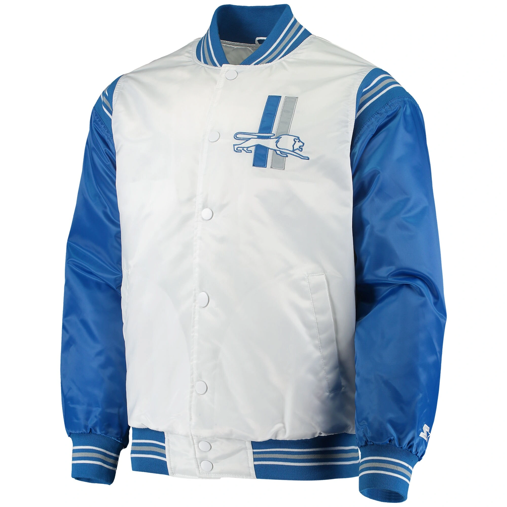 Detroit Lions The Enforcer White/Blue Satin Varsity Jacket