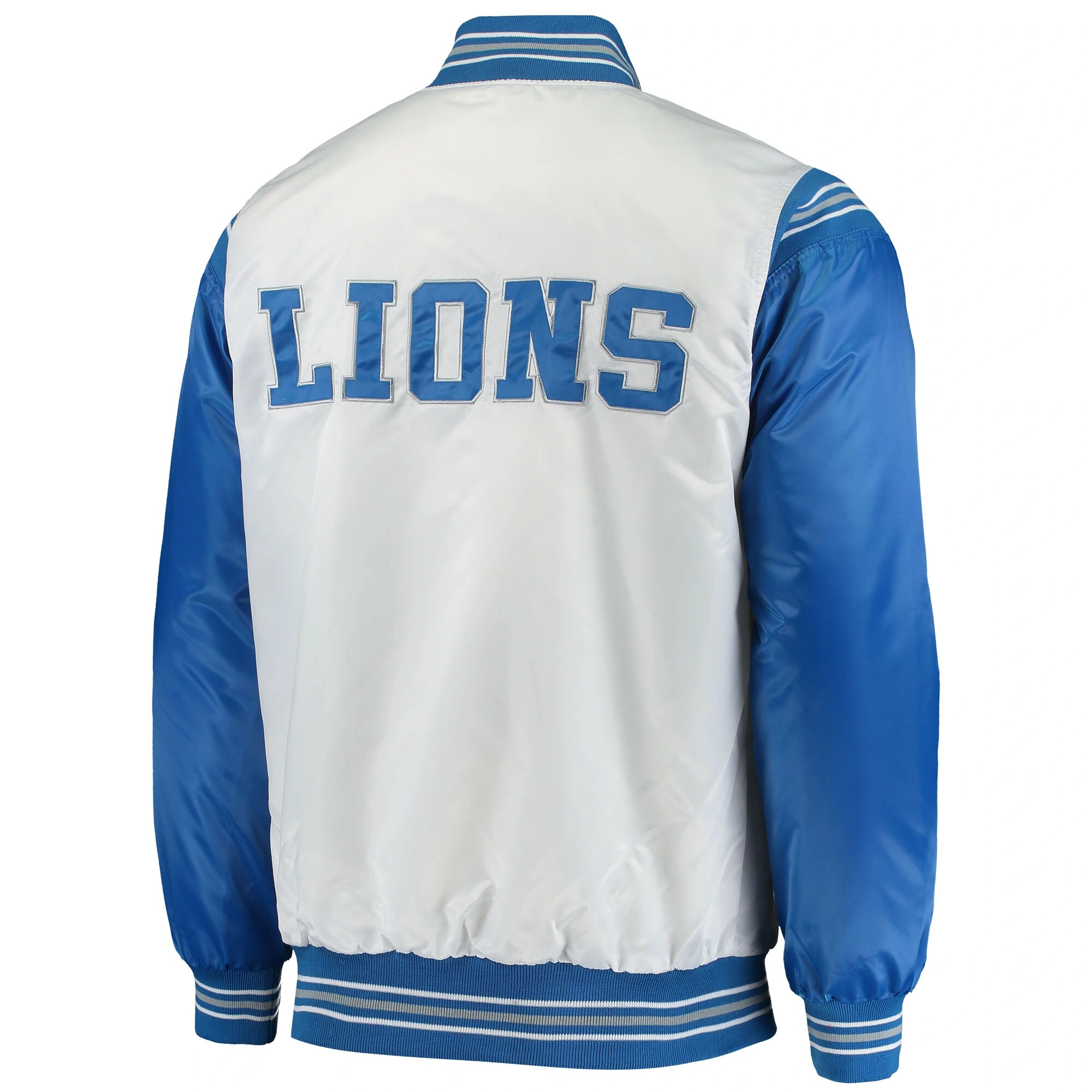 Detroit Lions The Enforcer White/Blue Satin Varsity Jacket - Image 2