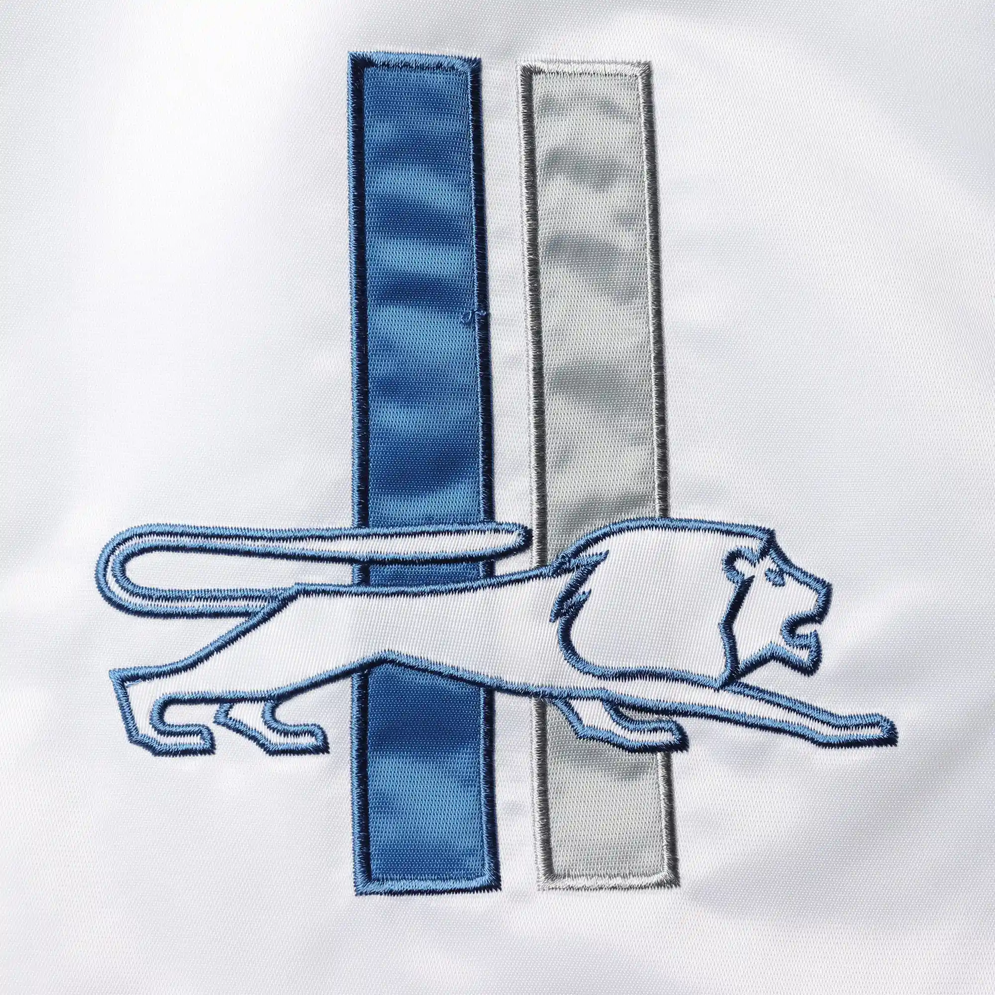 Detroit Lions The Enforcer White/Blue Satin Varsity Jacket - Image 3
