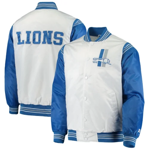 Detroit Lions The Enforcer White/Blue Satin Varsity Jacket - Image 4