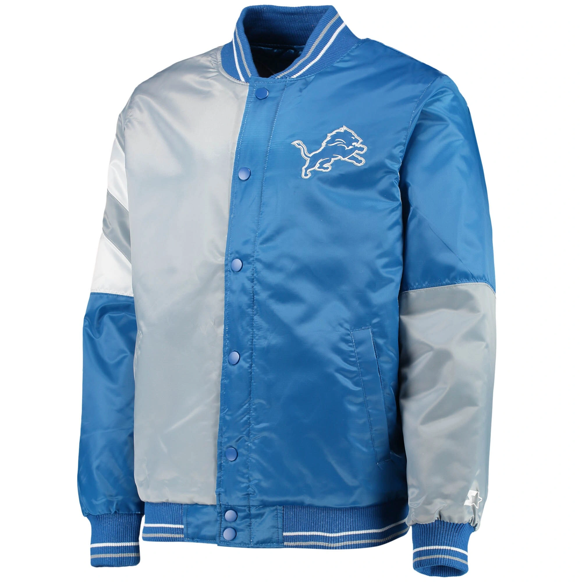 Detroit Lions Leader Blue/Gray Satin Varsity Jacket