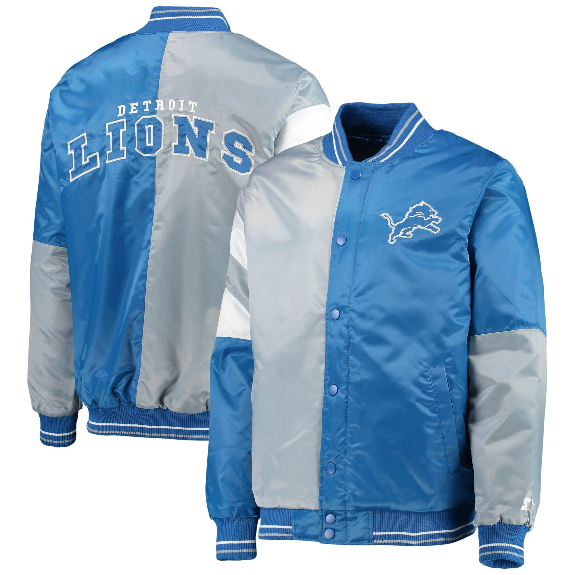 Detroit Lions Leader Blue/Gray Satin Varsity Jacket - Image 4