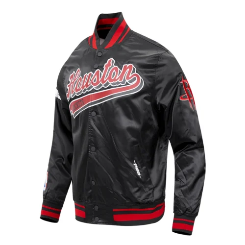 Houston Rockets Script Tail Black Satin Varsity Jacket