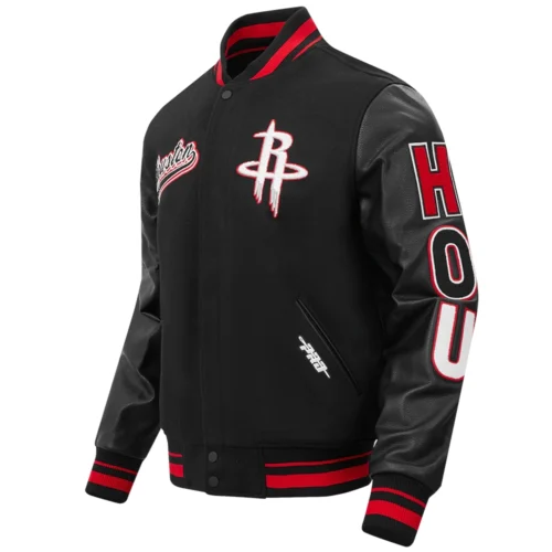 Houston Rockets Script Tail Black Wool & Leather Varsity Jacket