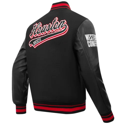 Houston Rockets Script Tail Black Wool & Leather Varsity Jacket - Image 3