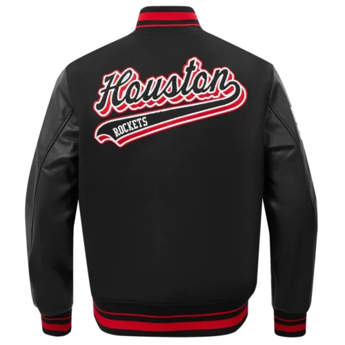 Houston Rockets Script Tail Black Wool & Leather Varsity Jacket - Image 4