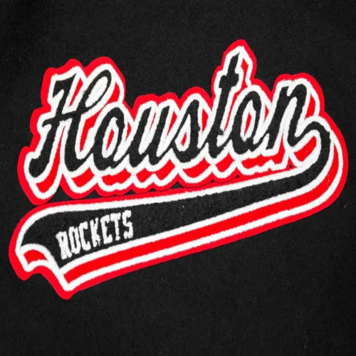 Houston Rockets Script Tail Black Wool & Leather Varsity Jacket - Image 9