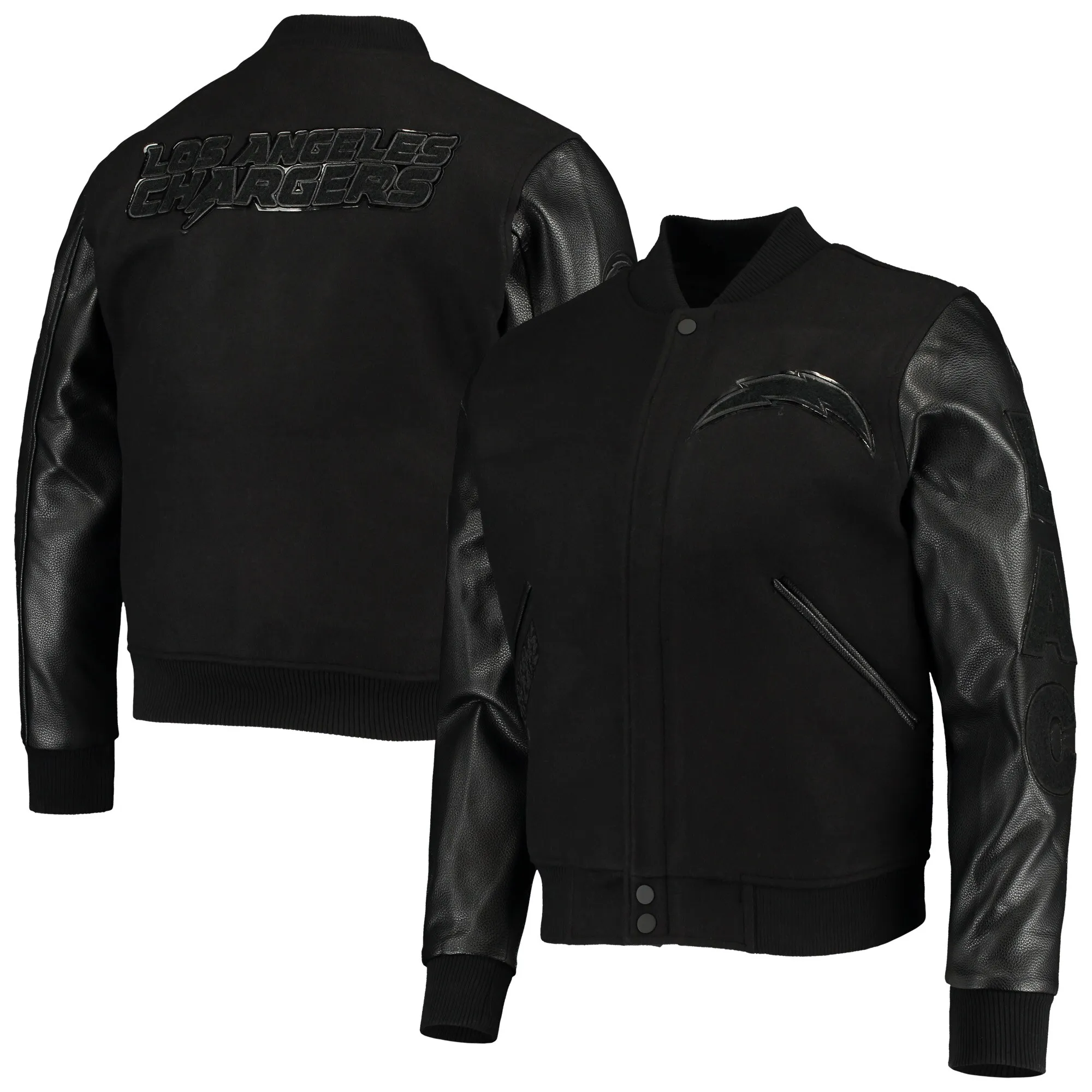 Los Angeles Chargers Triple Black Wool & Leather Varsity Jacket - Image 4
