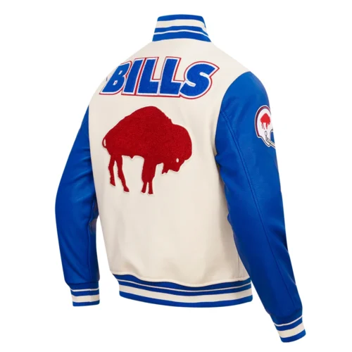 Buffalo Bills Retro Classic Men's Wool & Leather White/Blue Varsity Jacket - Image 3