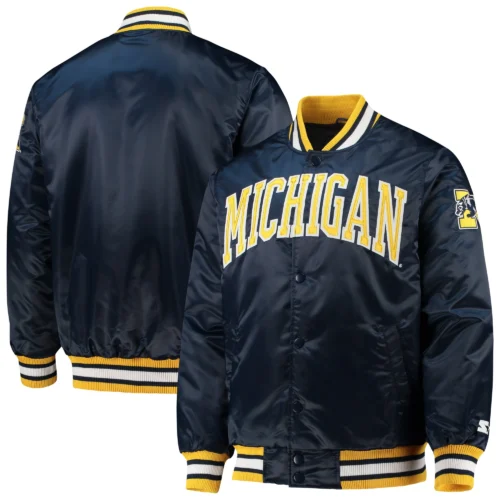 Michigan Wolverines Navy O-Line Varsity Full-Snap Satin Varsity Jacket - Image 3