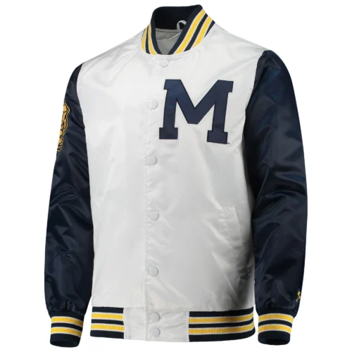 Michigan Wolverines The Legend White/Navy Full-Snap Satin Varsity Jacket