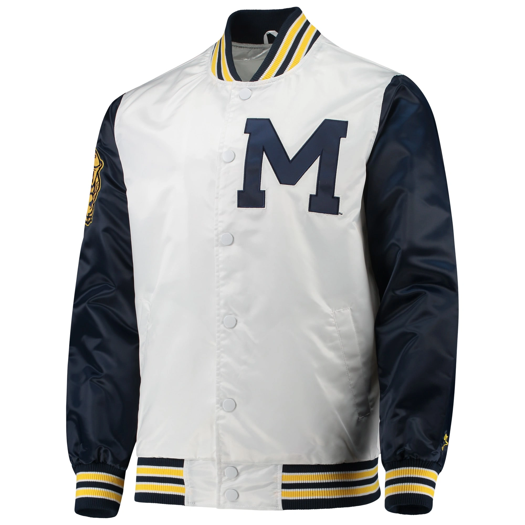 Michigan Wolverines The Legend White/Navy Full-Snap Satin Varsity Jacket