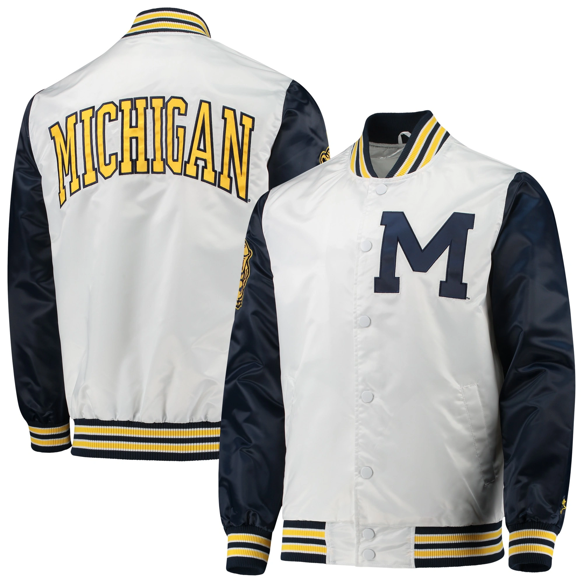 Michigan Wolverines The Legend White/Navy Full-Snap Satin Varsity Jacket - Image 3