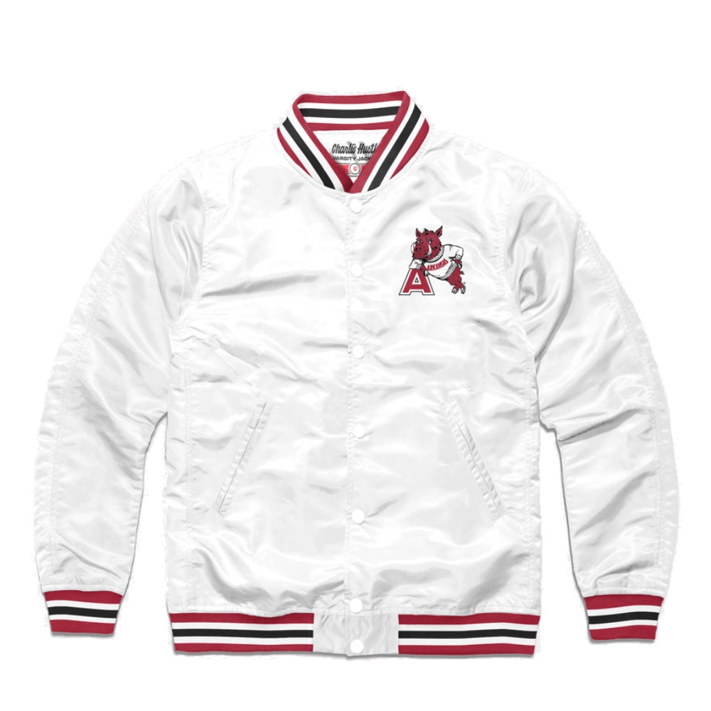 Arkansas Razorbacks Leaning Hog Logo Full-Snap Satin Varsity Jacket - White