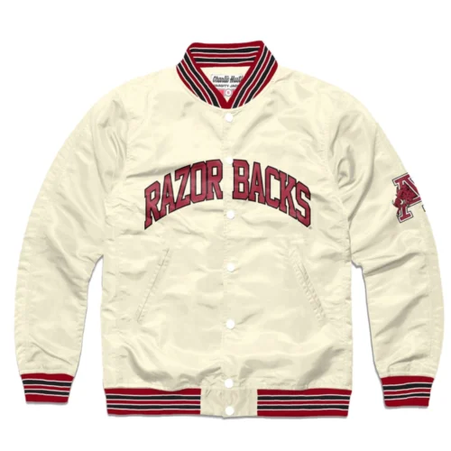 Arkansas Razorbacks Full-Snap Satin Bomber Varsity Jacket - Cream