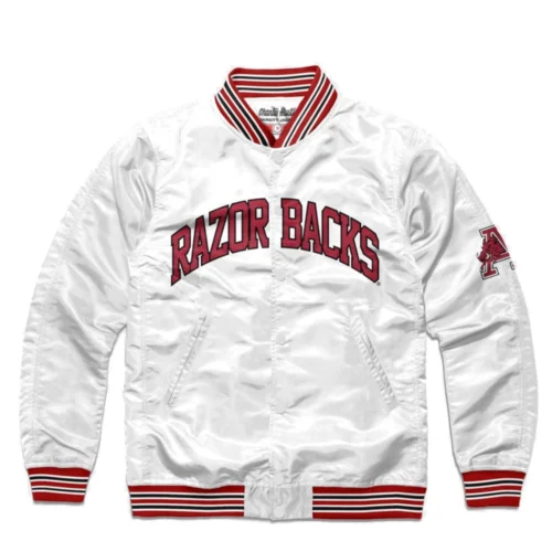 Arkansas Razorbacks Ribbed Knitted Satin Bomber Varsity Jacket - White