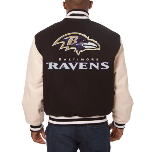 Alternative view of Baltimore Ravens Two Tone Real Wool & Leather Black/Cream Varsity Jacket