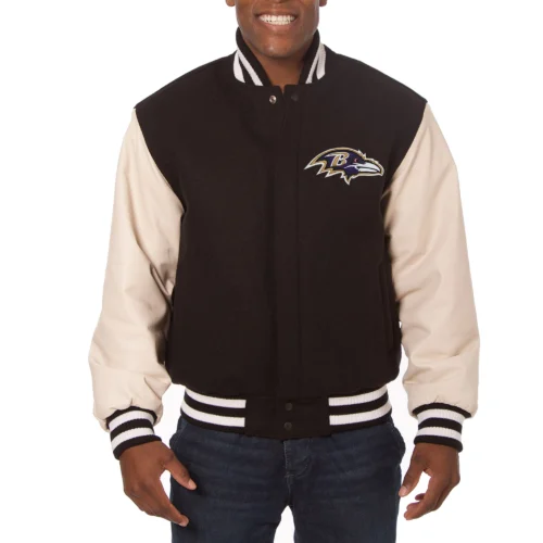 Baltimore Ravens Two Tone Real Wool & Leather Black/Cream Varsity Jacket