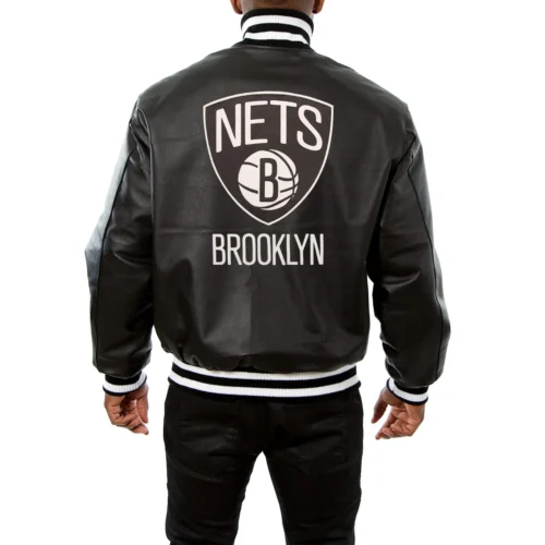 Alternative view of Brooklyn Nets Genuine Black Full Leather Varsity Jacket
