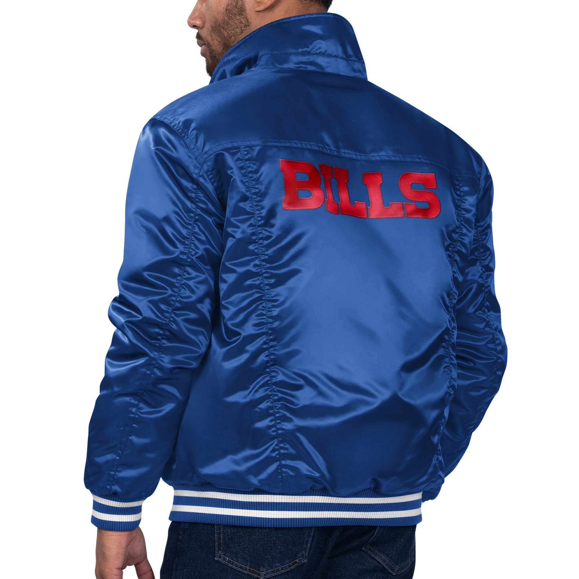 Buffalo Bills Silver Tab Trucker Satin Blue Varsity Jacket - Image 2