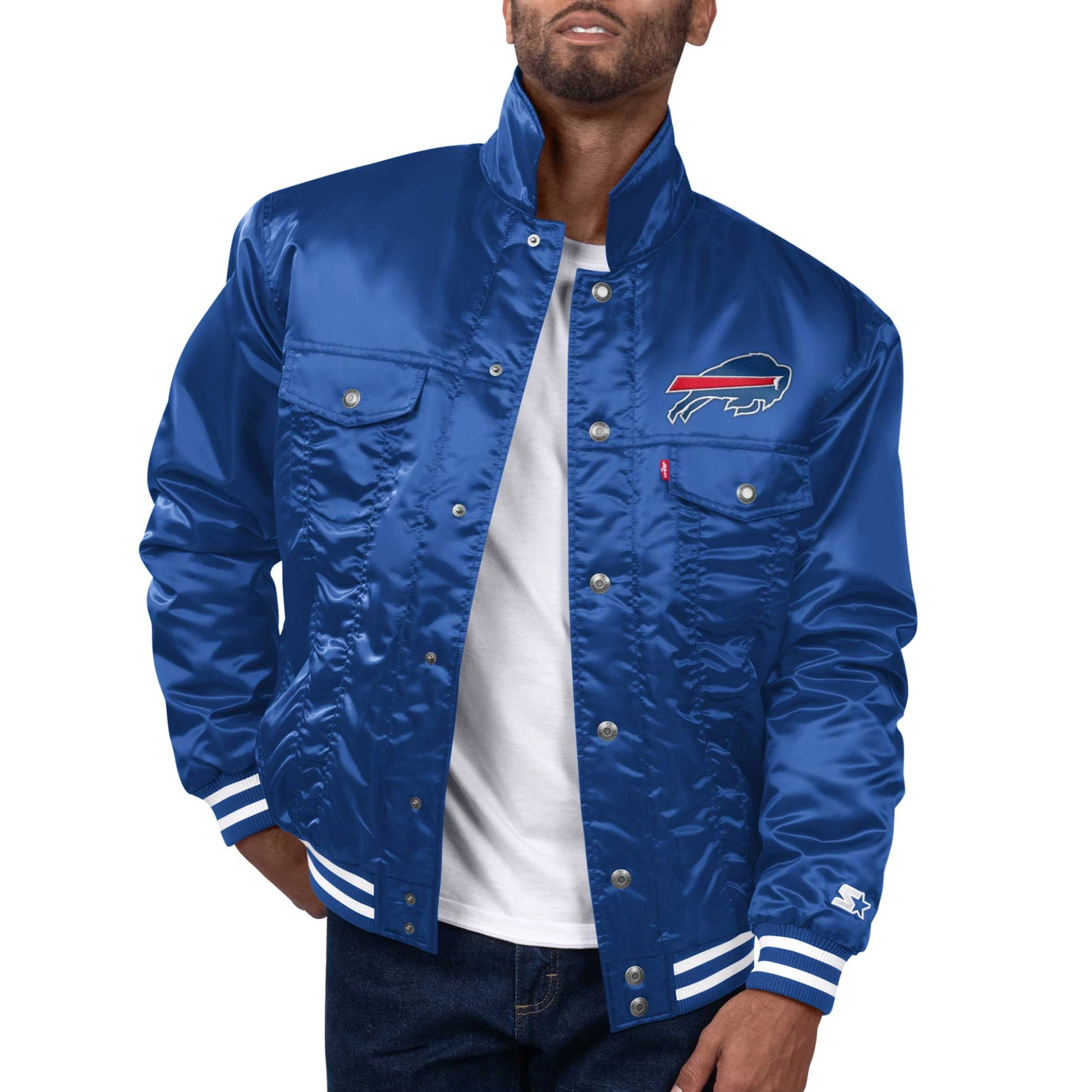 Buffalo Bills Silver Tab Trucker Satin Blue Varsity Jacket
