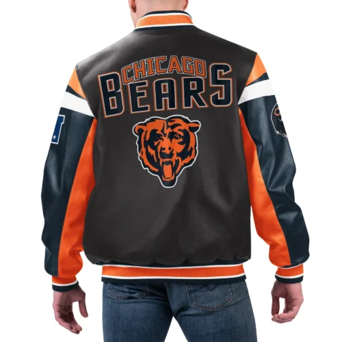 Alternative view of Chicago Bears Full-Zip Leather Black/Orange Varsity Jacket