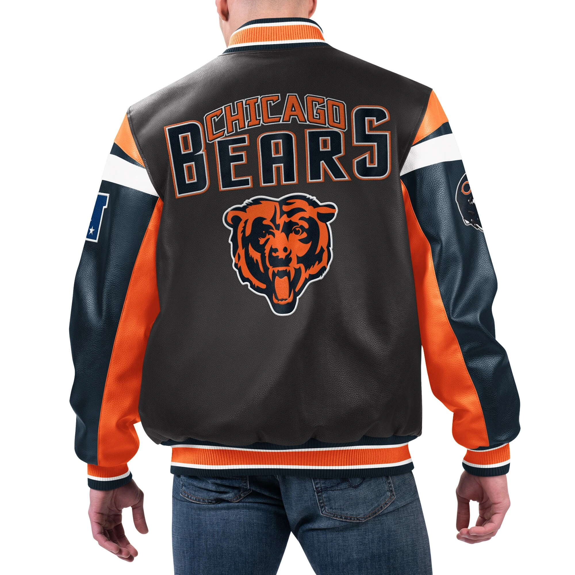 Chicago Bears Full-Zip Leather Black/Orange Varsity Jacket - Image 2