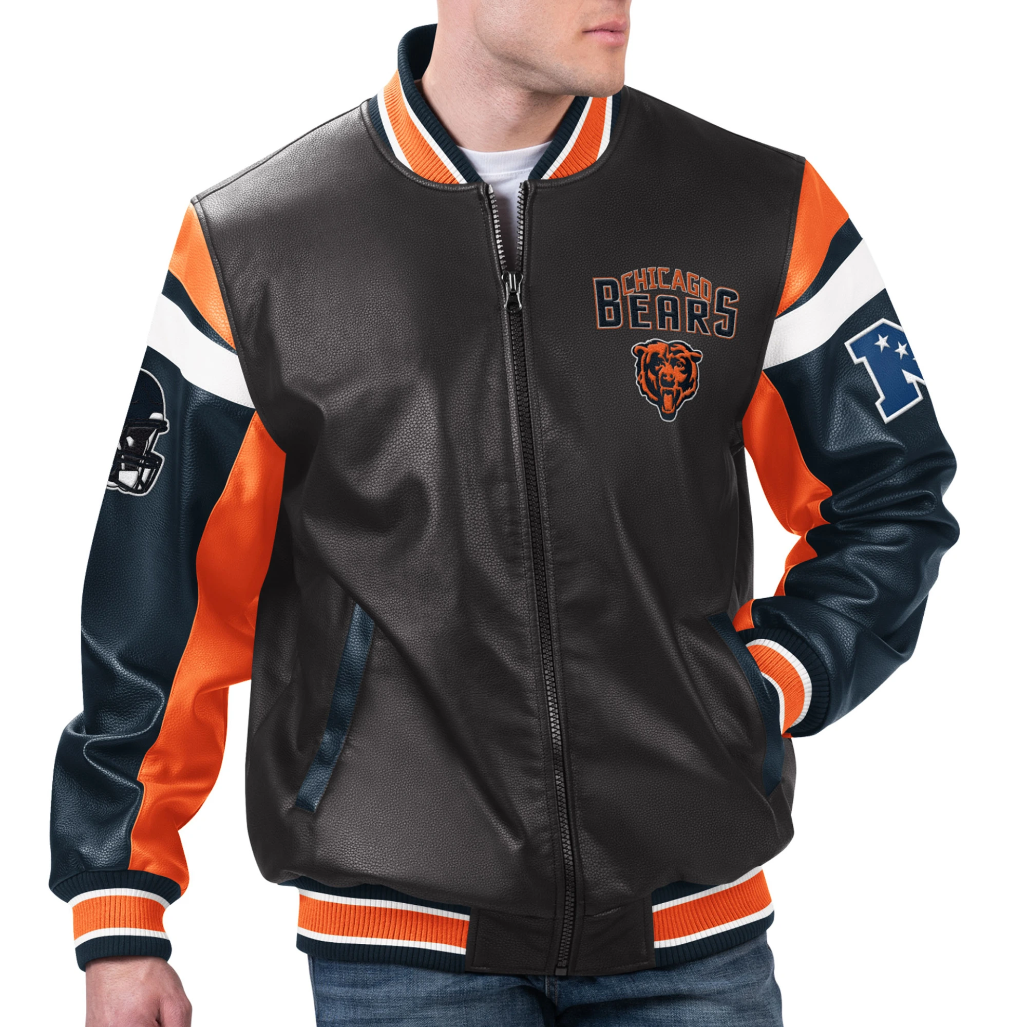 Chicago Bears Full-Zip Leather Black/Orange Varsity Jacket